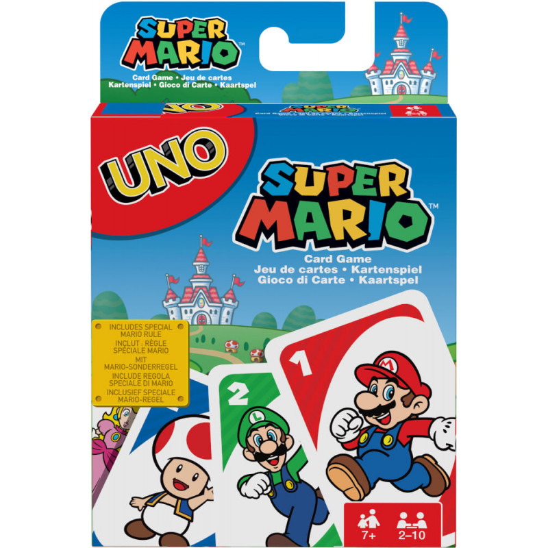 UNO Super Mario Kartenspiel-Box mit Mario-Figuren und bunten Karten auf der Vorderseite.