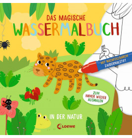 Buntes Kinderbuchcover mit gezeichnetem Leoparden, Pflanzen, Insekten und Zauberstift auf der Seite.