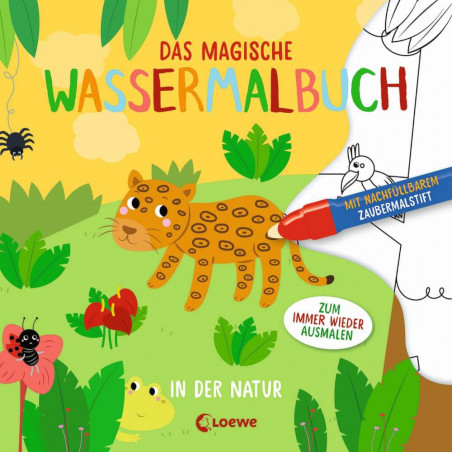Buntes Kinderbuchcover mit gezeichnetem Leoparden, Pflanzen, Insekten und Zauberstift auf der Seite.