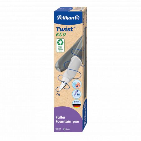Graue Schachtel Pelikan Twist eco Füller mit Umwelt- und Links-/Rechtshand-Symbolen auf der Verpackung.
