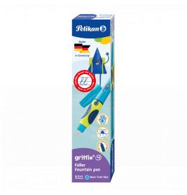 Pelikan griffix Füller in Neonblau, Verpackung mit deutscher Flagge und Kartonrakete.