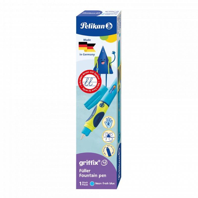 Pelikan griffix Füller in Neonblau, Verpackung mit deutscher Flagge und Kartonrakete.