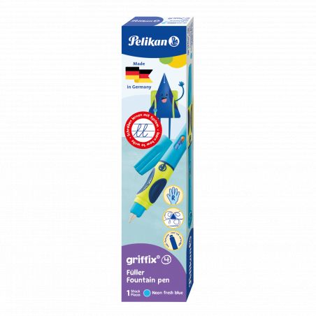 Pelikan griffix Füller in Neonblau, Verpackung mit deutscher Flagge und Kartonrakete.