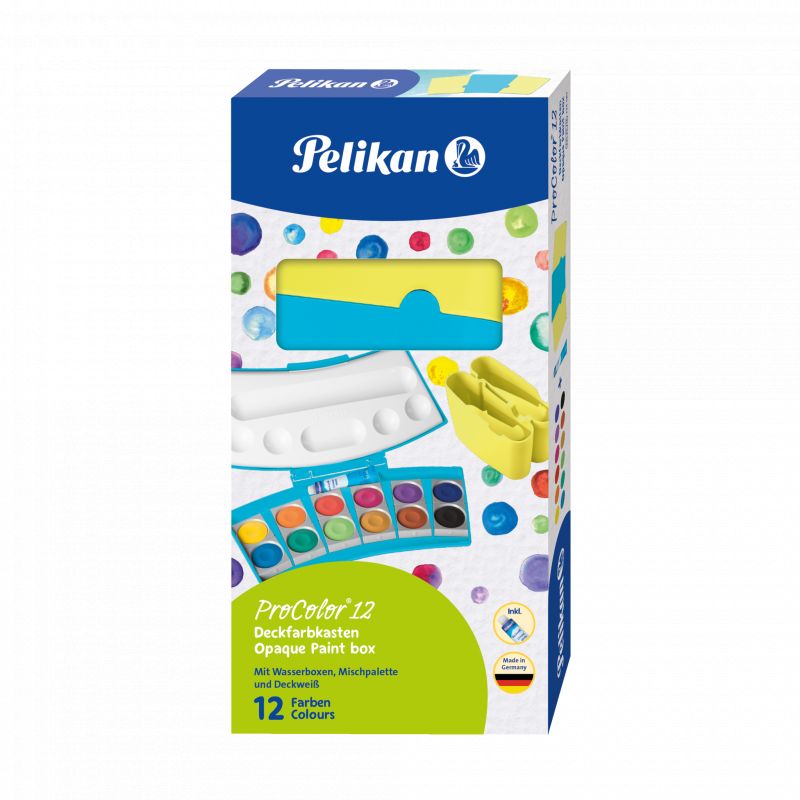 Pelikan ProColor 12 Deckfarbkasten mit 12 Farben, abgebildet in bunter, markentypischer Verpackung.