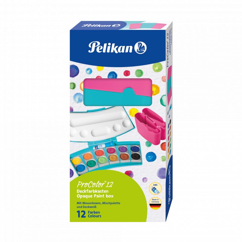 Pelikan ProColor 12 Aquarellkasten mit farbenfrohem Design, Pinsel und Palette auf der Verpackung.