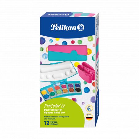 Pelikan ProColor 12 Aquarellkasten mit farbenfrohem Design, Pinsel und Palette auf der Verpackung.