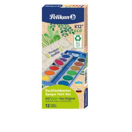 Pelikan K12 Eco Wasserfarbenkasten mit 12 Farben in rechteckiger Verpackung.