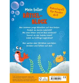 Buntes deutsches Rätselbuchcover mit zwei Comic-Krabben und Blasen, geeignet für Kinder ab 8 Jahren.