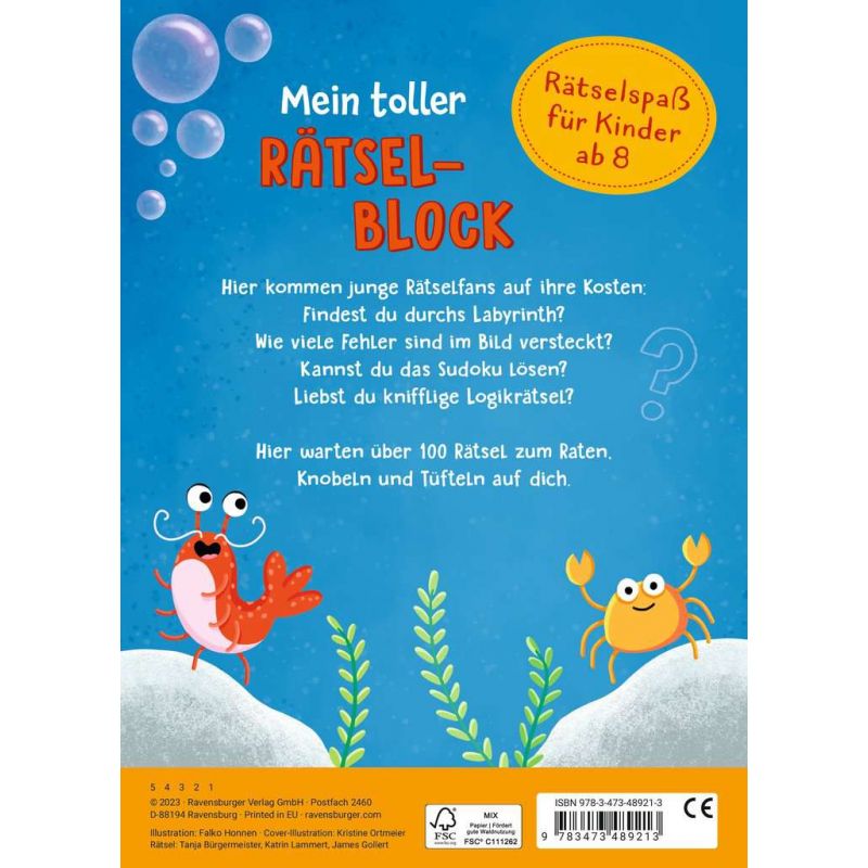 Buntes deutsches Rätselbuchcover mit zwei Comic-Krabben und Blasen, geeignet für Kinder ab 8 Jahren.