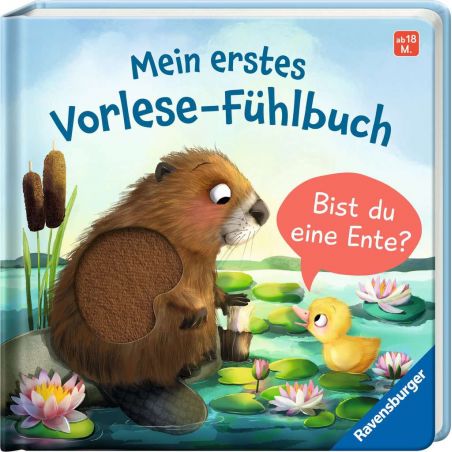 Ein Biber und ein Entenküken sitzen auf einem deutschen Kinderbuchcover am Teich, mit Schilf im Hintergrund.