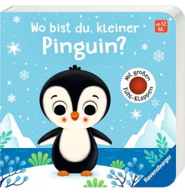 Ein niedlicher Pinguin steht im Schnee vor Bergen und Schneeflocken, darauf deutscher Text auf dem Buchcover.