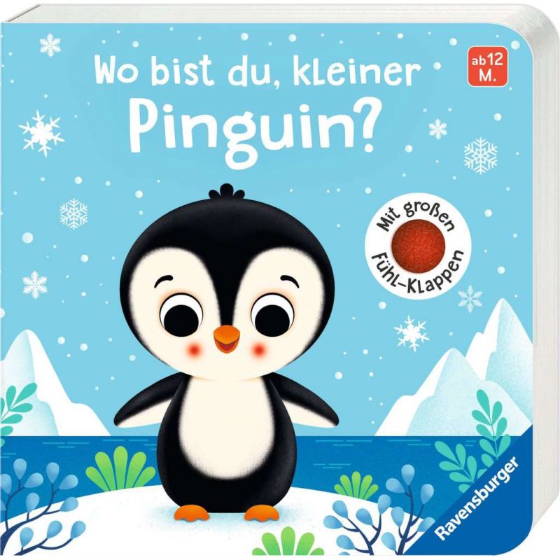 Ein niedlicher Pinguin steht im Schnee vor Bergen und Schneeflocken, darauf deutscher Text auf dem Buchcover.