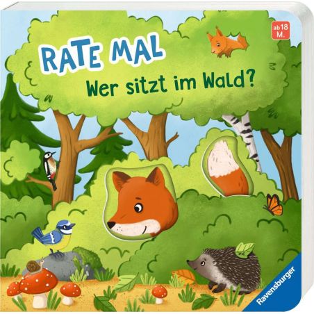 Kinderbuchcover mit Waldtieren, Bäumen, Pilzen und dem deutschen Titel: Rate mal. Wer sitzt im Wald?.