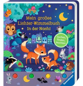 Buntes Kinderbuchcover: Füchse, Eulen und weitere Tiere im nächtlichen Wald mit leuchtenden Sternen.