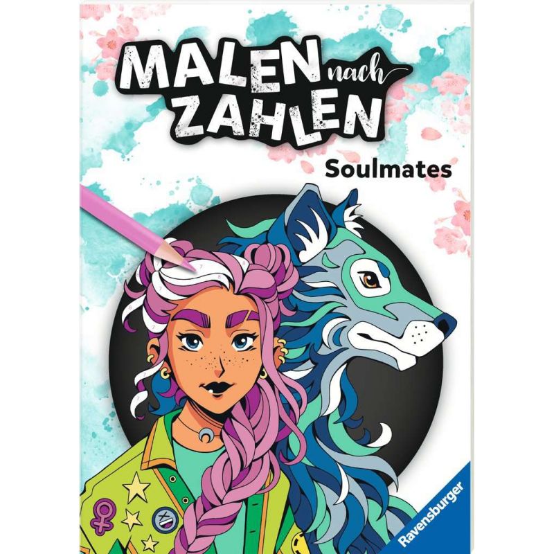 Buntes Malen-nach-Zahlen-Cover Soulmates mit Mädchen, stilisiertem Wolf und einem pinken Bleistift.