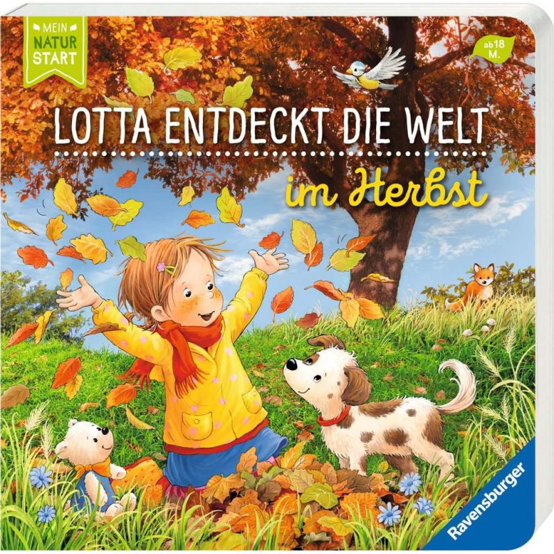 Mädchen und Hund spielen im Park mit Herbstlaub, im Hintergrund Bäume und Tiere.