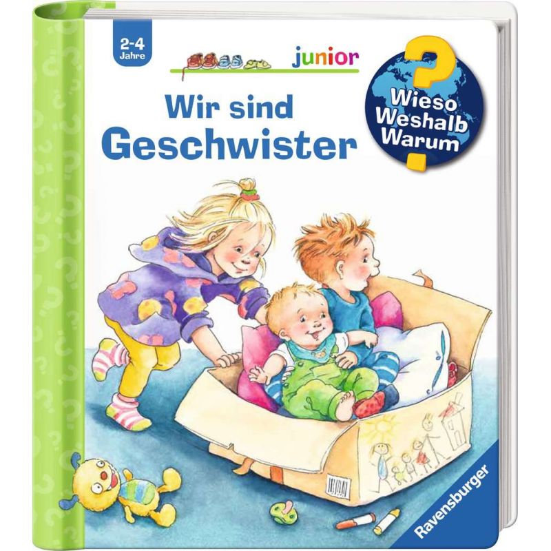 Kinder spielen in einem Karton auf dem Cover des deutschen Kinderbuchs "Wir sind Geschwister".