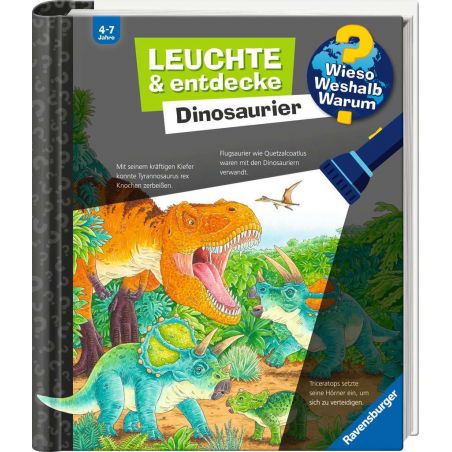 Kinderbuchcover mit Dinosauriern, Bäumen und Taschenlampe, Titel: Leuchte & entdecke Dinosaurier.