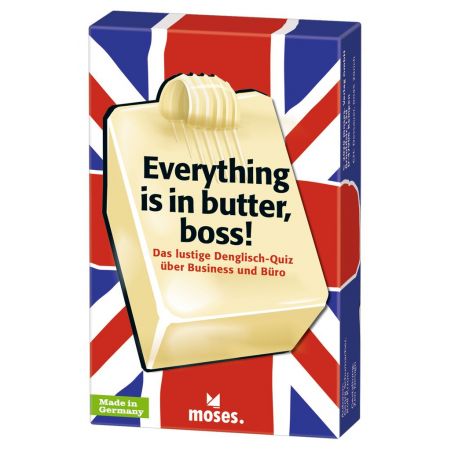 Quizspiel-Box mit Buttergrafik und Union Jack, Titel: Alles ist in Butter, Chef!.