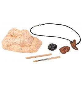 Dinosaurier-Ausgrabungsset mit Gipsfossil, Grabwerkzeugen, zwei Steinen und einer Halskette mit Zahnanhänger.