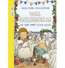 Kinder mit Schafen auf einem Jahrmarkt halten ein Schild: Voll Mählincolic! Ein Schaf kommt selten allein!.