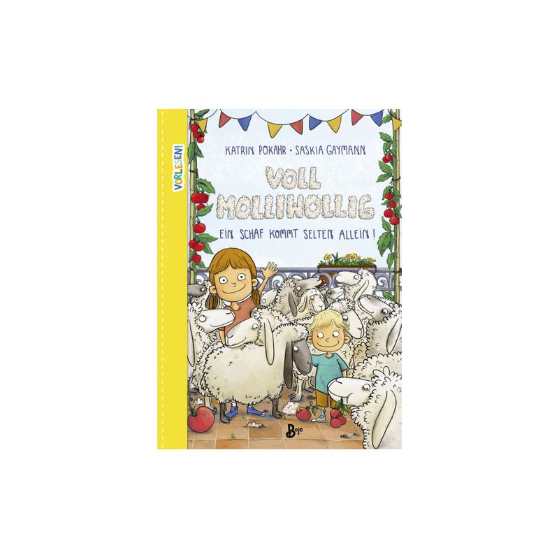 Kinder mit Schafen auf einem Jahrmarkt halten ein Schild: Voll Mählincolic! Ein Schaf kommt selten allein!.