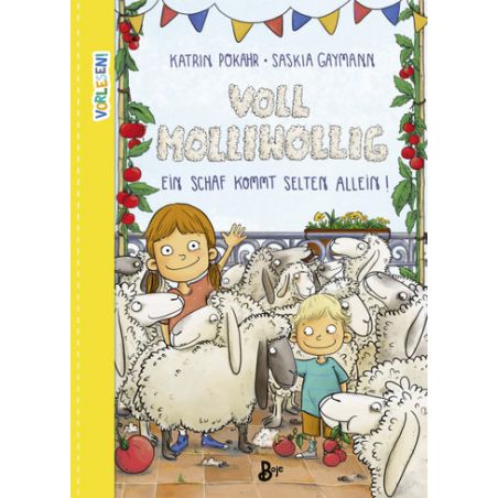 Kinder mit Schafen auf einem Jahrmarkt halten ein Schild: Voll Mählincolic! Ein Schaf kommt selten allein!.