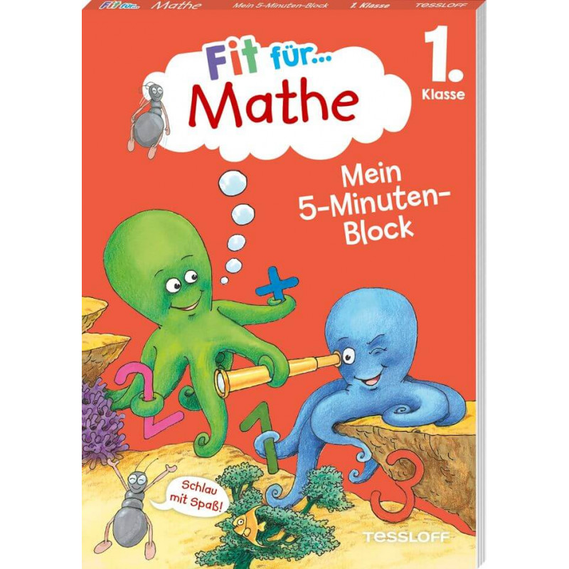 Zwei Cartoon-Oktopusse lösen Matheaufgaben auf einem bunten Buchcover für die 1. Klasse mit Zahlen und Symbolen.