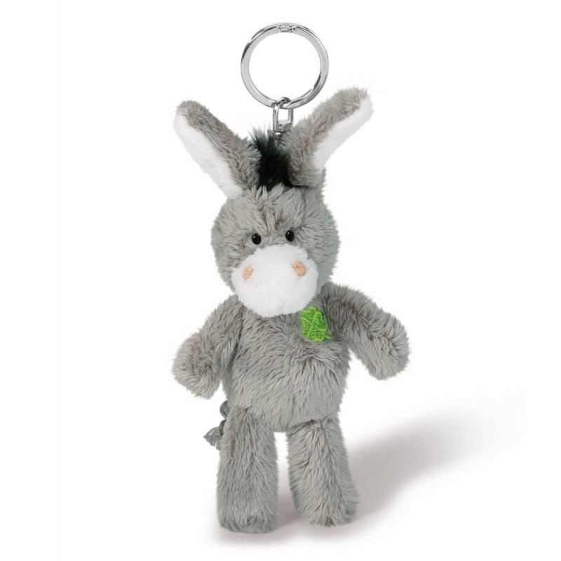 Grauer Plüsch-Esel-Schlüsselanhänger mit weißer Schnauze und Bauch, stehend auf weißem Hintergrund.