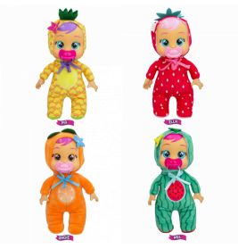 Vier Babypuppen tragen Obstkostüme: Ananas, Erdbeere, Orange und Wassermelone.