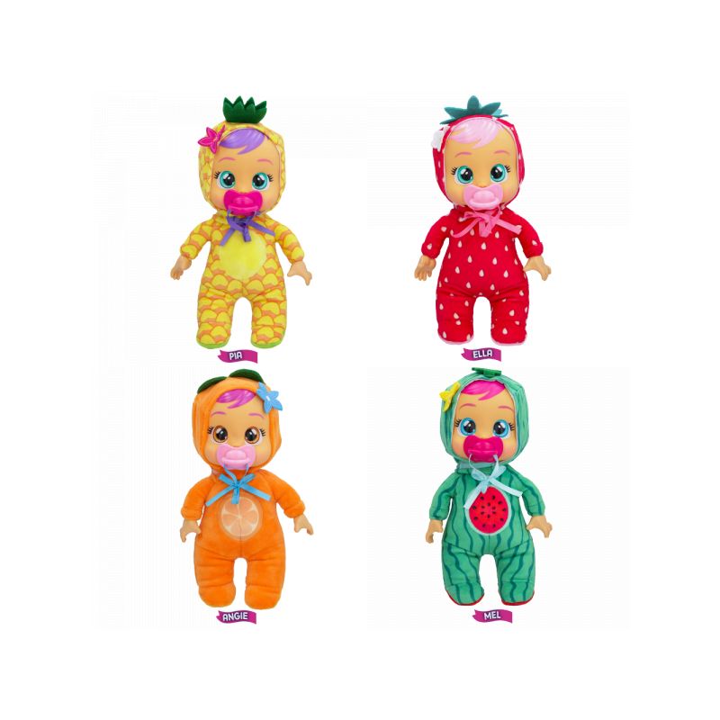 Vier Babypuppen tragen Obstkostüme: Ananas, Erdbeere, Orange und Wassermelone.