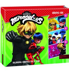 Miraculous Ladybug Boxset mit den Hauptfiguren Ladybug und Cat Noir in Superheldenkostümen.