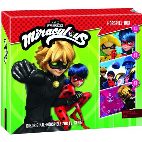Miraculous Ladybug Boxset mit den Hauptfiguren Ladybug und Cat Noir in Superheldenkostümen.