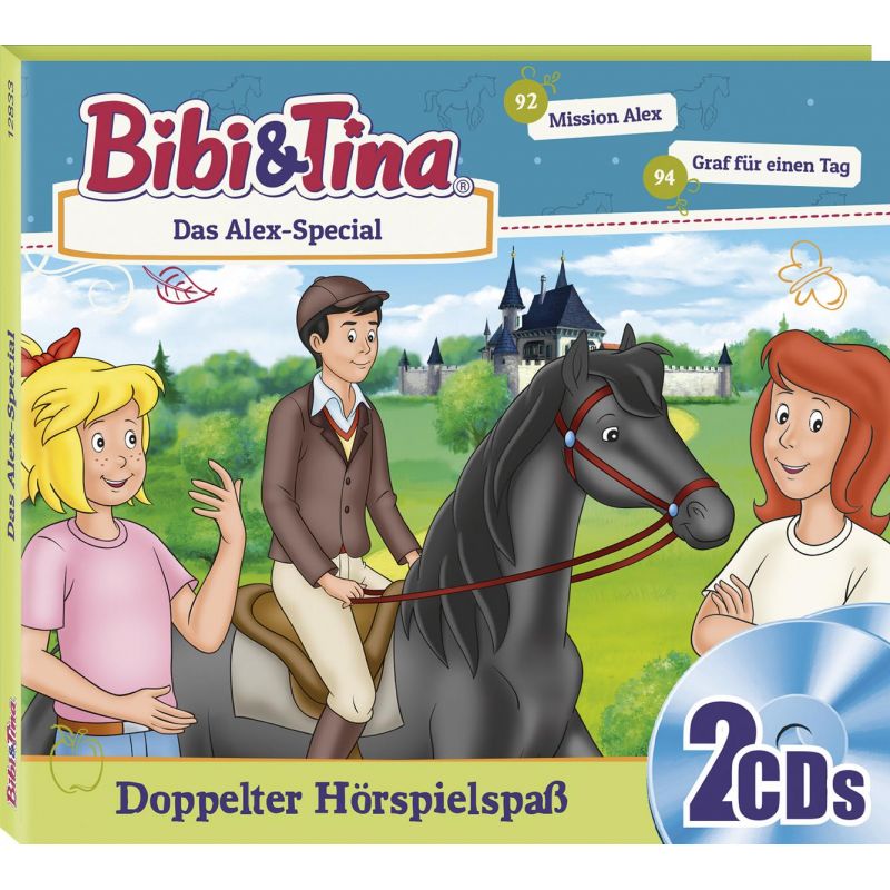 Drei Comicfiguren, eine reitet ein Pferd, auf dem CD-Cover Bibi & Tina Das Alex-Special. Drei Comicfiguren, eine reitet ein Pferd, auf dem CD-Cover Bibi & Tina Das Alex-Special.