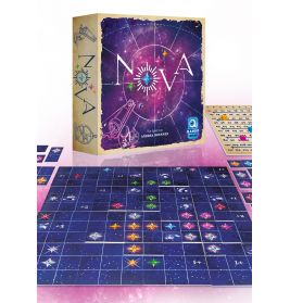 Das bunte Brettspiel Nova zeigt Sterne, ein Galaxie-Spielbrett und ein Teleskop auf der Verpackung.