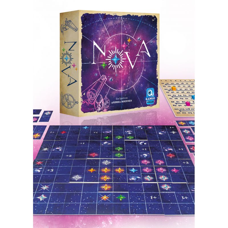 Das bunte Brettspiel Nova zeigt Sterne, ein Galaxie-Spielbrett und ein Teleskop auf der Verpackung. Das bunte Brettspiel Nova zeigt Sterne, ein Galaxie-Spielbrett und ein Teleskop auf der Verpackung.