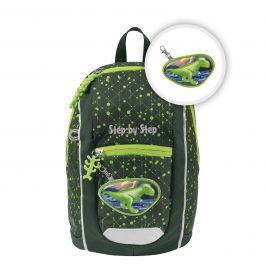 Grüner und schwarzer Kinder-Rucksack mit Dino-Patch und Zipper, Aufschrift Step by Step.