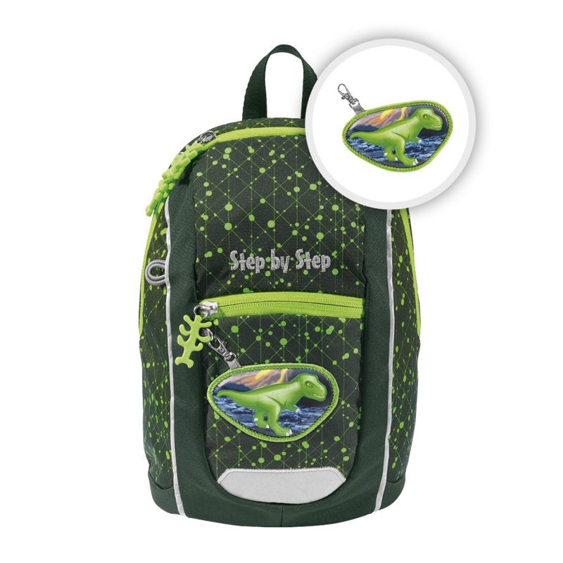 Grüner und schwarzer Kinder-Rucksack mit Dino-Patch und Zipper, Aufschrift Step by Step. Grüner und schwarzer Kinder-Rucksack mit Dino-Patch und Zipper, Aufschrift Step by Step.