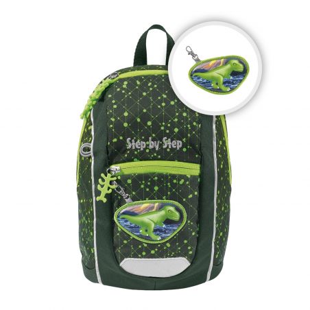 Grüner und schwarzer Kinder-Rucksack mit Dino-Patch und Zipper, Aufschrift Step by Step.