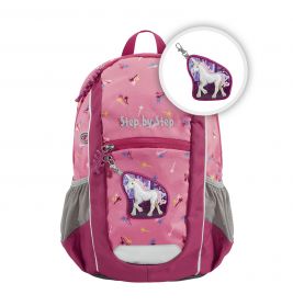 Rosa Kinder-Rucksack mit Einhorn-Motiv, Sternenmuster und passendem Einhorn-Schlüsselanhänger.