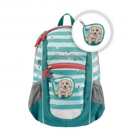 Türkis-weiß gestreifter Rucksack mit Hundeaufnäher und passendem Schlüsselanhänger in Hundeform.