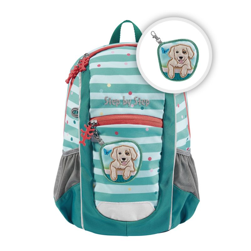 Türkis-weiß gestreifter Rucksack mit Hundeaufnäher und passendem Schlüsselanhänger in Hundeform. Türkis-weiß gestreifter Rucksack mit Hundeaufnäher und passendem Schlüsselanhänger in Hundeform.