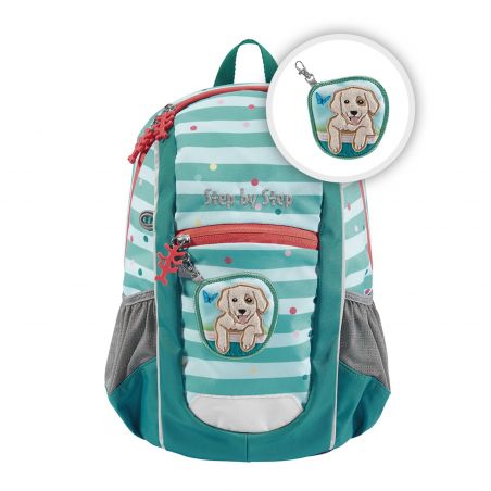Türkis-weiß gestreifter Rucksack mit Hundeaufnäher und passendem Schlüsselanhänger in Hundeform.
