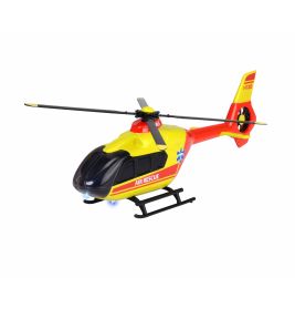 Gelber und roter Spielzeug-Rettungshubschrauber Air Rescue mit schwarzen Landekufen und Rotorblättern.