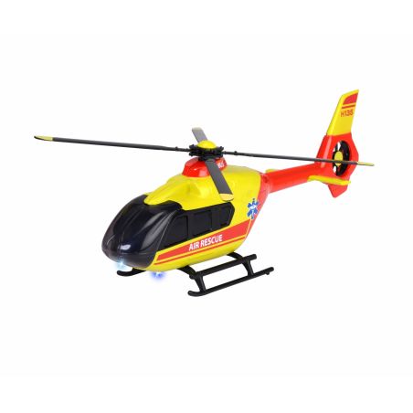 Gelber und roter Spielzeug-Rettungshubschrauber Air Rescue mit schwarzen Landekufen und Rotorblättern.