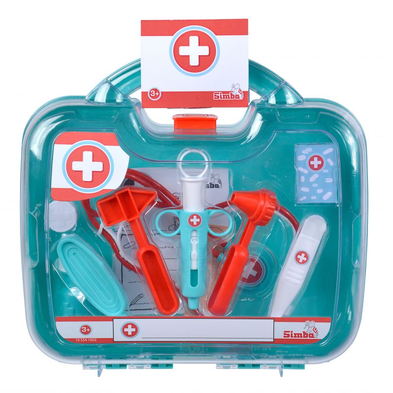 Spielarztkoffer aus türkisfarbenem Kunststoff mit Spielzeug-Spritze, Schere und Stethoskop.
