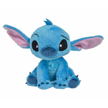 Blauer Plüsch-Stitch mit großen Ohren und schwarzen Augen sitzt nach vorne gerichtet.