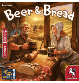 Zwei Dorfbewohner stoßen an einen rustikalen Tisch mit Brot in einer sonnigen ländlichen Szene mit Bechern an.