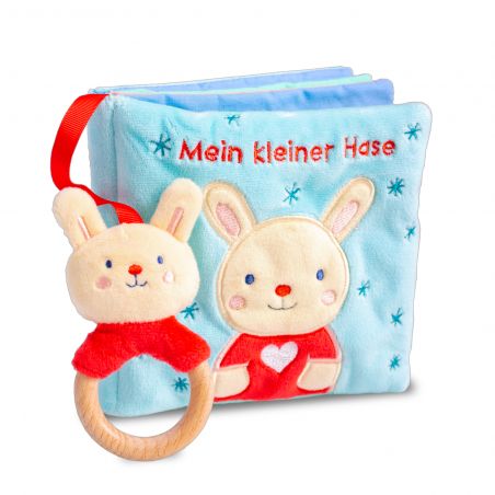 Plüsch-Babybuch und Rassel mit Hasenmotiv, Aufschrift Mein kleiner Hase auf dem Cover.