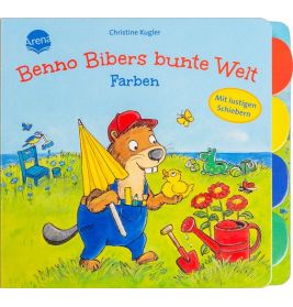 Kinderbuchcover: Ein Biber mit Regenschirm, bunte Reiter und Gartengeräte auf einer Wiese.